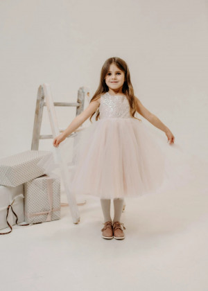 Blush Pink Glitter Lace Tulle Tea Length Flower Girl Dress